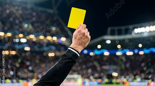 Referee Showing Yellow Card in Soccer Stadium with Blurred Background