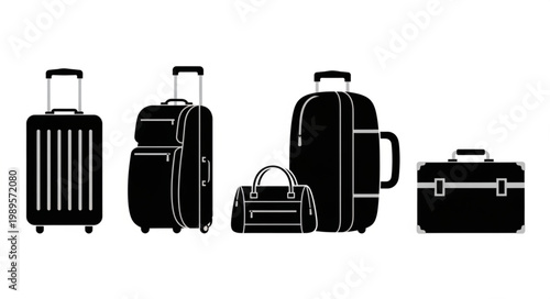 Collection of black luggage and bags for travel.