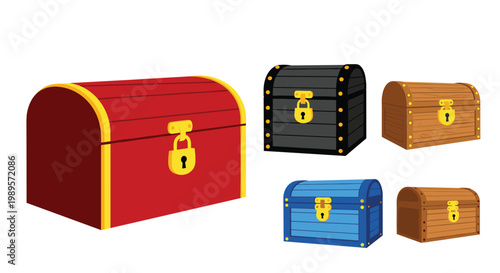 Set of colorful wooden treasure chests with golden locks and hinges isolated on a white background for gaming and design.