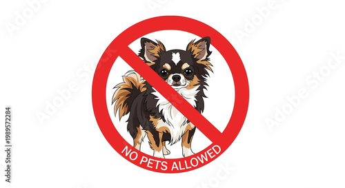 Official no pets allowed warning sign featuring a small dog inside a red prohibition circle isolated on white background.