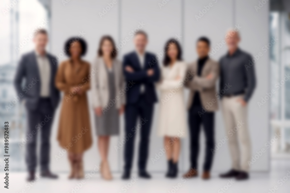 Fototapeta premium Blurred Diverse business team standing together in modern office
