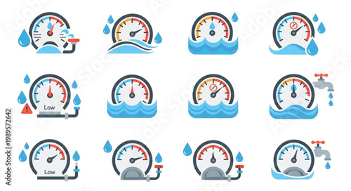 Water Meter Gauge Icons Set With Drops And Faucet.