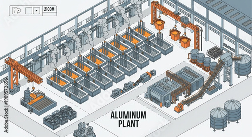 Aluminum production plant isometric illustration.