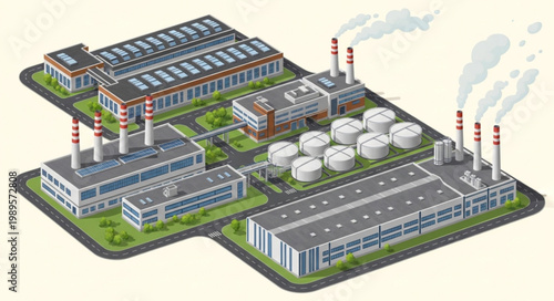 Modern Industrial Factory Complex with Smokestacks and Storage Tanks.