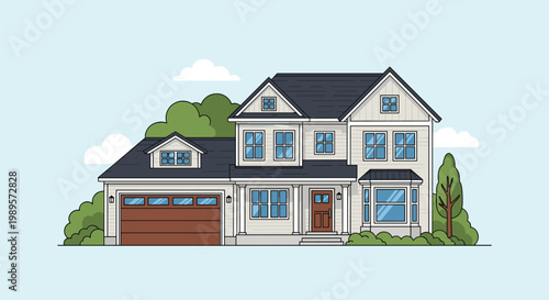 Large modern two-story suburban house with a garage and green trees under a clear blue sky for real estate listings.