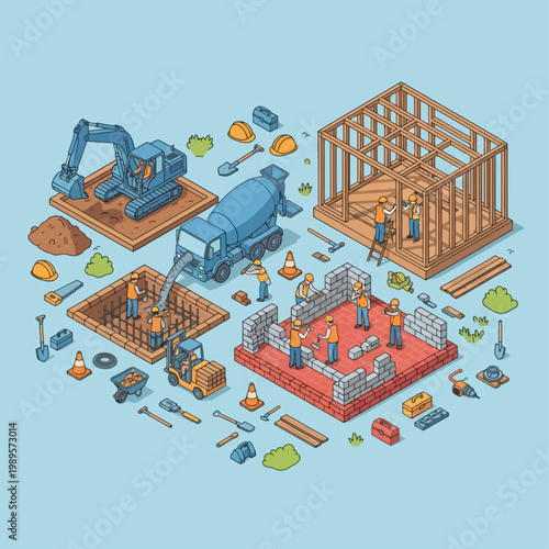 Isometric illustration showing the step-by-step process of house construction from excavation and foundation to bricklaying and wooden framing with workers and tools.