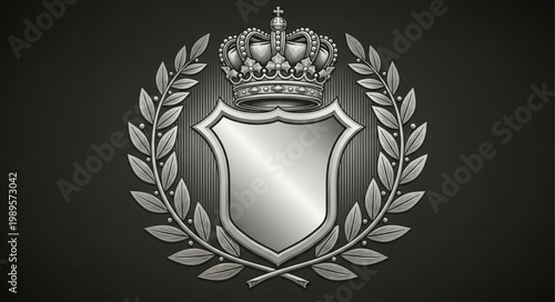 Silver Shield Crest with Laurel Wreath and Crown Emblem.
