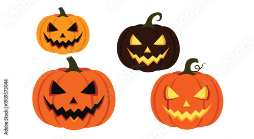Collection of four carved Halloween pumpkins with different spooky expressions and sizes isolated on a clean white background.