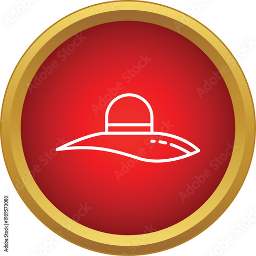 Sun hat outline protecting from sun in a round red and gold button