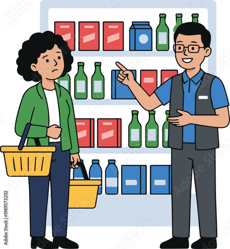 A store employee helps a customer choose products in a supermarket aisle, pointing at items on a shelf while the shopper holds a basket.