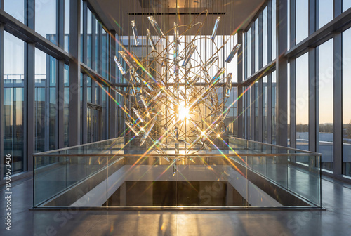 Luxurious modern office lobby interior with massive crystal chandelier installation and sunset light flare through glass walls.