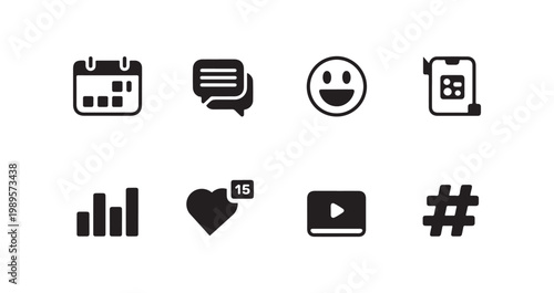 Social media icon set calendar chat happy face phone graph heart play button hashtag