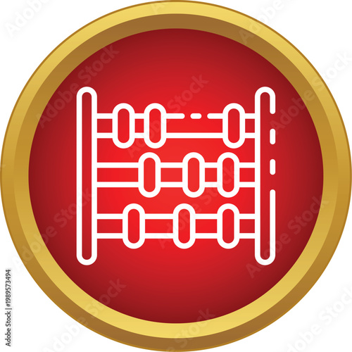 Abacus icon representing counting and arithmetic on a vibrant red button with gold border
