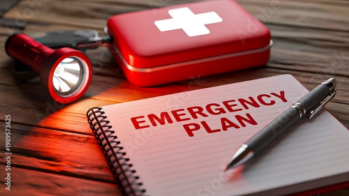 Emergency preparedness plan with medical kit and flashlight for disaster safety and survival concept
