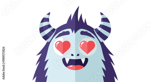 Close up portrait of a cute furry blue monster with purple horns and heart shaped eyes expressing love and adoration.
