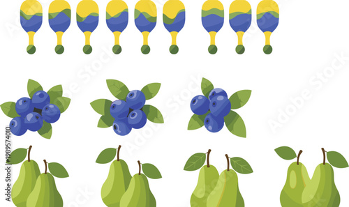 Blueberry fruits and pears set with abstract hot air balloon shapes illustration collection