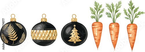Christmas ornaments and carrots set with festive baubles golden patterns and fresh vegetable illustration collection