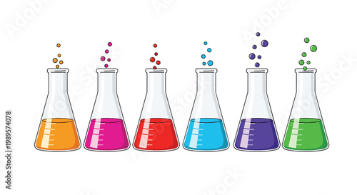 Row of six glass chemistry beakers filled with colorful liquids and bubbles are shown in a clean flat vector illustration style.
