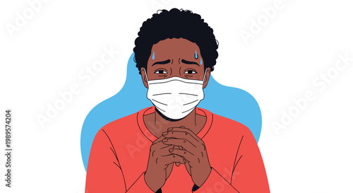 Concerned young person with dark skin wearing a protective face mask looks worried while sweating against a simple blue background shape.