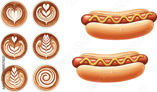 Coffee latte art set with cappuccino designs and hot dog fast food illustration collection