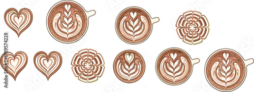 Coffee latte art set with heart shapes cappuccino cups and decorative foam patterns barista style illustration collection