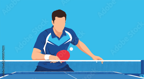 Focused male athlete playing table tennis hits a white ball with a red paddle over the net on a professional blue court surface.