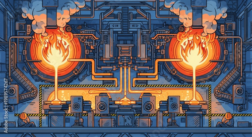Industrial furnace with molten metal and steam production.