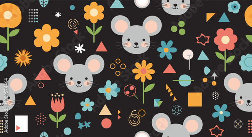 Playful seamless pattern featuring cute mice faces, bright flowers, and colorful geometric shapes on a solid black background.
