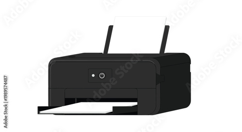 Sleek black desktop printer with a sheet of white paper in the input tray is shown in a professional office equipment illustration.