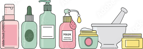 Cosmetic and skincare bottles set with serum dropper pump jars and beauty cream containers illustration