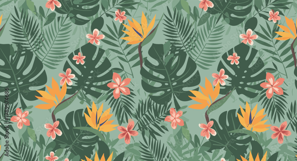 Obraz premium Vibrant tropical seamless pattern featuring green monstera leaves palm fronds and colorful bird of paradise flowers on a mint base.