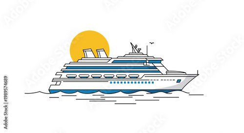 Large luxury cruise ship sails across the ocean during a beautiful sunset with a bright yellow sun on a white background.