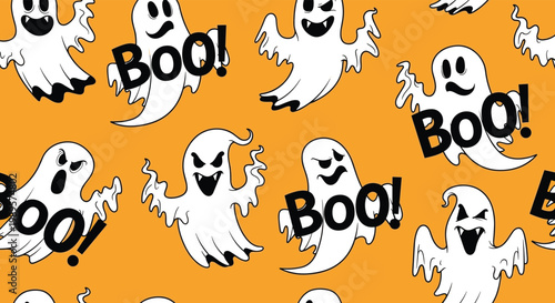 Playful white ghosts with various expressions and Boo! text create a fun Halloween seamless pattern on a vibrant orange background.