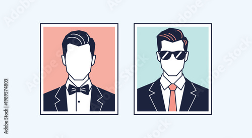 Two minimalist portraits show a man in a formal suit and bow tie and another in a business suit with sunglasses and a tie.