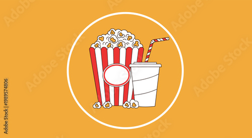 Classic cinema snack icon features a red and white striped popcorn bucket and a soda cup inside a large white circle.