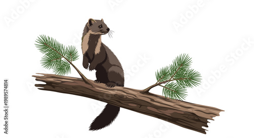 Realistic illustration shows a brown marten or sable standing on a pine branch in a forest against a white background.