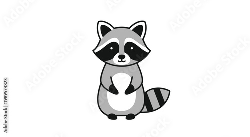 Adorable cartoon raccoon character with grey and black fur is sitting and smiling in a simple illustration on a white background.
