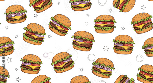 Delicious cheeseburgers with lettuce, tomato, and onion are scattered in a fun seamless pattern with hand-drawn stars.