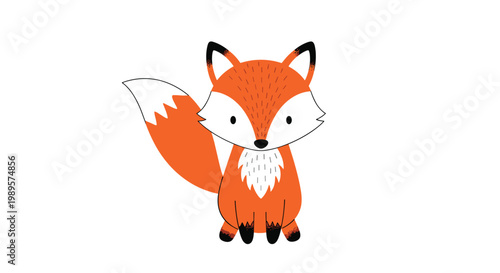 Adorable orange fox illustration with a fluffy white chest and black paws standing peacefully on a plain white background for design.
