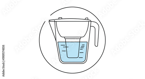 Simple line drawing of a modern water filter pitcher with blue water inside is presented in a clean minimalist style.
