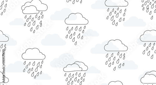 Seamless weather pattern with minimalist line art rain clouds and falling raindrops over a white and light blue background design.