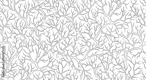 Complex seamless pattern of black branching lines resembling tree roots, a nervous system, or a river delta for abstract textures.