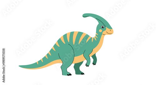 Cartoon illustration of a Parasaurolophus dinosaur with green and tan patterned skin and a characteristic head crest on white.