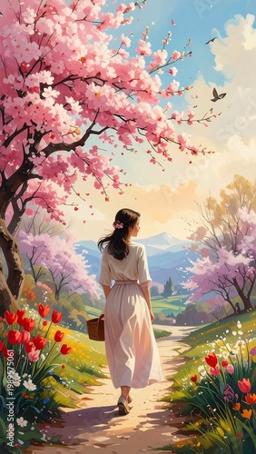 A woman in a white dress walks away, carrying a basket on a path lined with flowers, under cherry blossoms. Rolling hills, sky