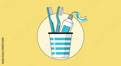 Dental hygiene illustration featuring two blue toothbrushes and a tube of toothpaste with a paste swirl in a striped cup.