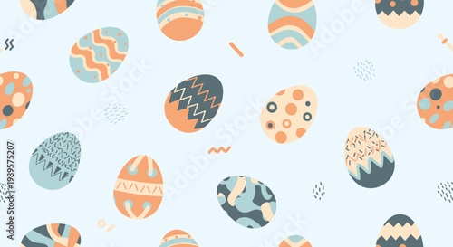 Colorful easter egg seamless pattern with various decorated eggs in pastel shades of orange, teal, and blue on a light background.