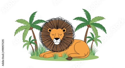 Cute cartoon lion sleeping peacefully on grass under tropical palm trees isolated on a white background for children illustration.