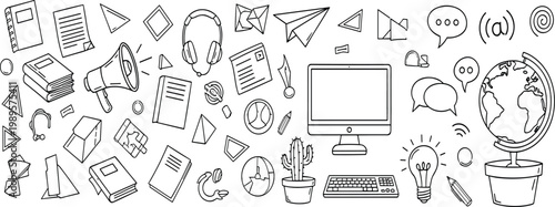 Education and communication doodle set with books computer globe headphones and digital learning icons