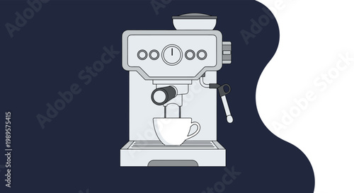 Professional silver espresso machine brewing a fresh cup of coffee against a dark blue and white abstract modern background.