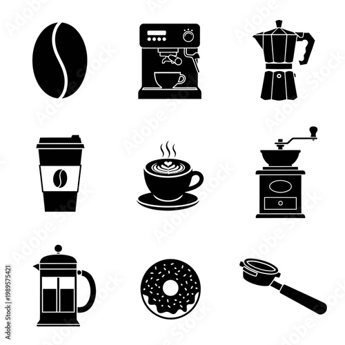 Coffee Shop and Barista Equipment Icon Set Black Silhouettes